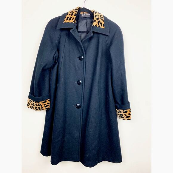 Vintage Jofeld Wool Barn Trench Coat Size Small Black Cheetah Print Trim Button - Picture 1 of 11